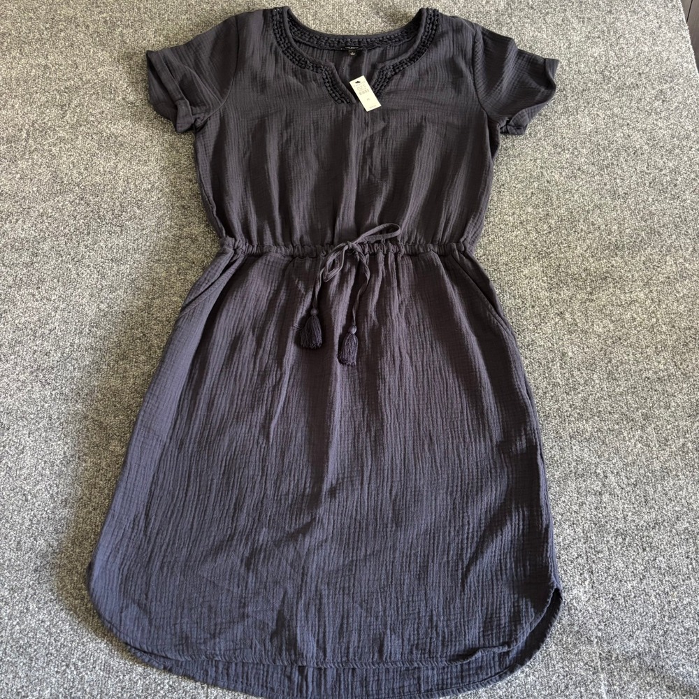 Talbots Womens Medium NWT Navy Blue Cotton Double Gauze Crochet Trim Dress